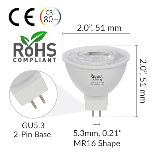 Simba Lighting LED MR16 3.5W 12V Light Bulb (6 Pack) 20W Halogen Spotlight Replacement for Landscape, Accent, Track Lights, Desk Lamps, BAB C, GU5.3 Bipin Base, 2700K Warm White, Not Dimmable