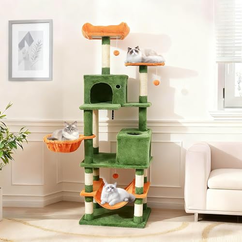 Árbol para gato alto 66 pulgadas multi-niveles verde y naranja miniatura 3