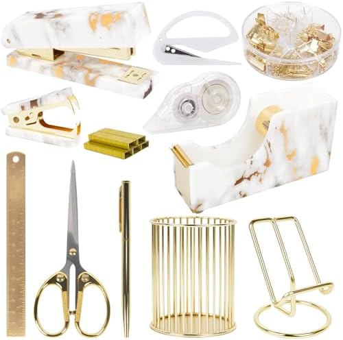 Office Desk Accessories Supplies - 13 Pcs Women Gold Marble Desk ...