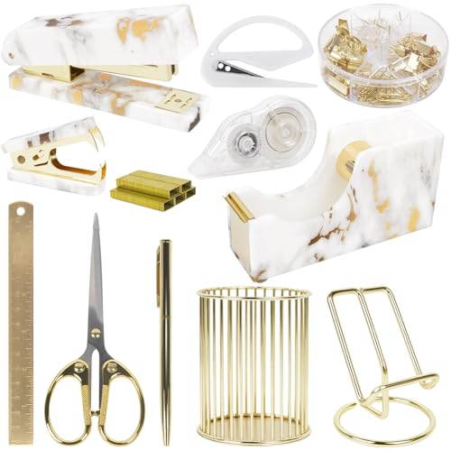Office Desk Accessories Supplies - 13 Pcs Women Gold Marble