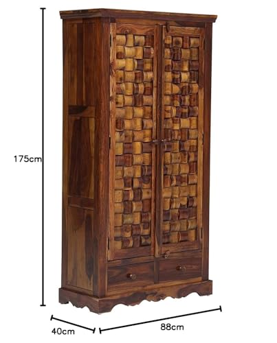 Image of Rajasthali Furniture Wooden 2 Door Wardrobe Organizer for Storage with 2 Drawer 4 Shelves - Sheesham Wood Cupboard for Bedroom - Wooden Almirah Organizer for Clothes Storage (Brian)