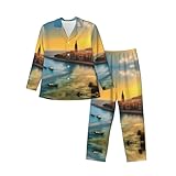 BLWSLC Conjunto de pijama de manga larga para hombre, estampado de puesta de sol en Barcelona, conjunto de pijama suave con botones en la parte delantera y cintura elástica, Negro, S
