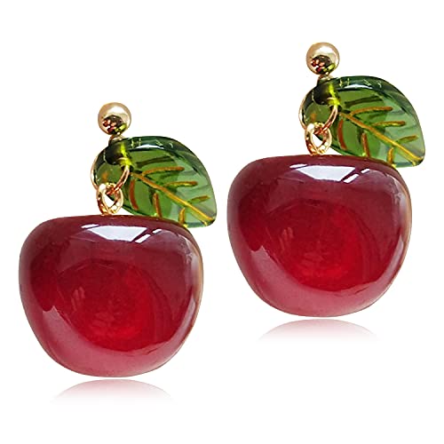 ANDPAI 18K Gold Plated Fruit Earring 3D Green Leaf Red Cherry Charm Tassel Dangle Drop Stud Earrings for Women