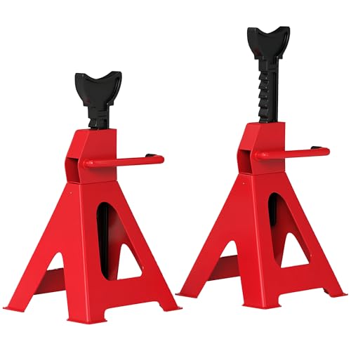 HOMCOM Juego de 2 Soportes de Coche 3 T, Par de Soportes con Altura de Elevación Ajustable de 29-42,5 cm, en Acero al Carbono y Hierro Fundido, Rojo y Negro