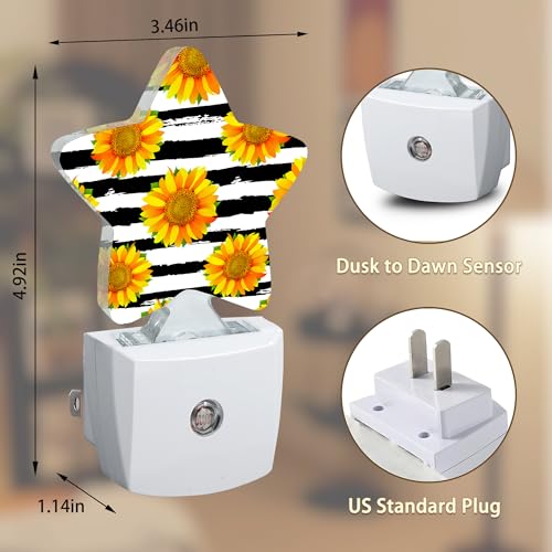 Image of Sunflowers Plug-in Night Light Black White Grid with Dusk-to-Dawn Sensor for Bedroom,Bathroom and Living Room Sleep Friendly lamp for Women /Girls /Boys Gift,0.5W
