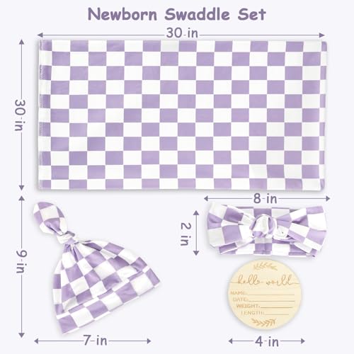 Image of TANOFAR 4-Pack Newborn Swaddle Blanket for Baby Girls & Boys, Ultra Soft Receiving Blankets with Matching Headband and Beanie Set Baby Nursery Swaddle Wrap (Purple Checkerboard)