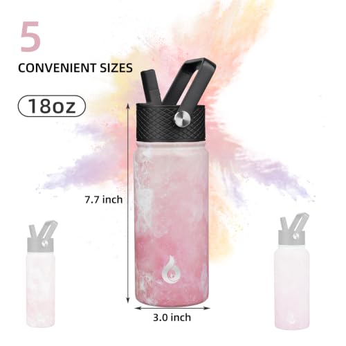 Image of BJPKPK Insulated Water Bottles with Straw Lid, 18oz Stainless Steel Metal Water Bottle, Cold Hot Thermo with 3 Lids, Leak Proof BPA Free Travel Cup, Wide Mouth Flasks - Blossom