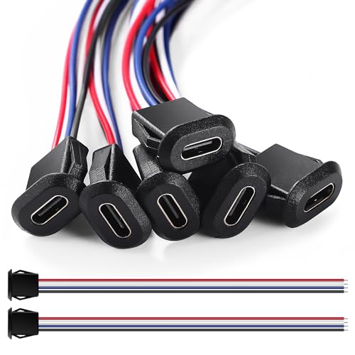 KUOQIY 6 Conectores USB-C Hembra de 4 Pines, con Hebilla de Ranura a Presión, Montaje en Panel, Cable de 150mm 24 AWG, Negro