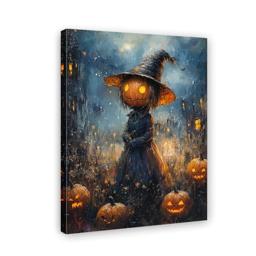 Toile Halloween sprite citrouille magicien 60x90cm art mystique fond sombre