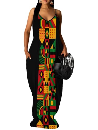 Image of Women's Summer Maxi Dress Spaghetti Strap Floral Boho Beach Long Sundress with Pockets
