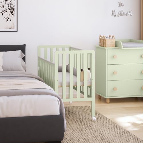 zee Bambi Cuna Colecho Bebe 100x50 cm con Ruedas Portatil Ajustable en Altura 3 Niveles Moises Bebe Convertible Estilo Escandinavo Verde Menta