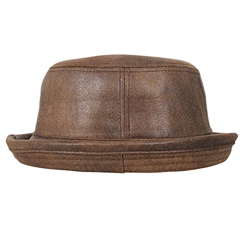 Ililily Vintage Faux Leather Rolled Short Brim Fedora Flat Pork Pie Hat, Light Brown, Medium #TOP23