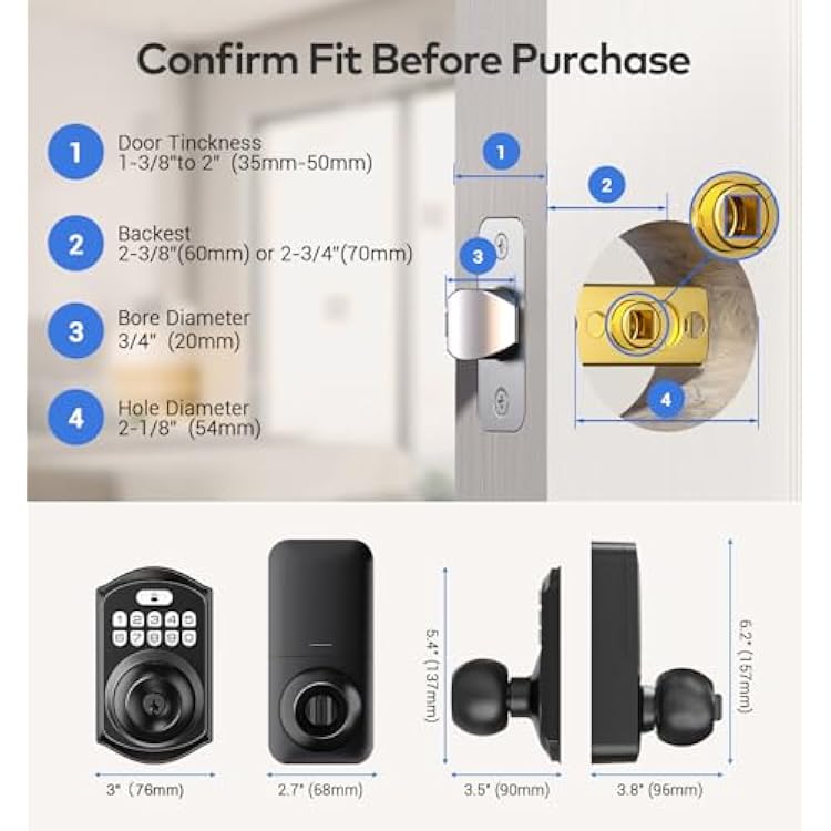 TEEHO Fingerprint Keyless Entry Keypad with Handle, Electronic Digital Smart Locks for Front Door, Easy to Install Deadbolt with Code for Bedroom, Anti-Peeping Password, Matte Black
