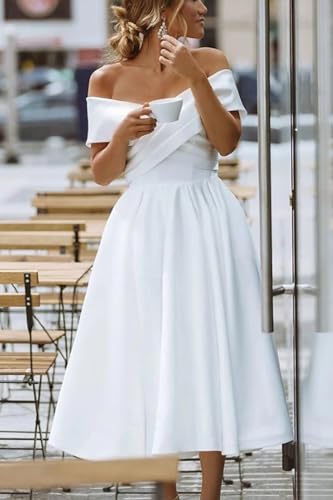Image of Simple Short Wedding Dresses for Bride 2025 Elegant Off the Shoulder Ruffle Satin Bridal Shower Dress for Women