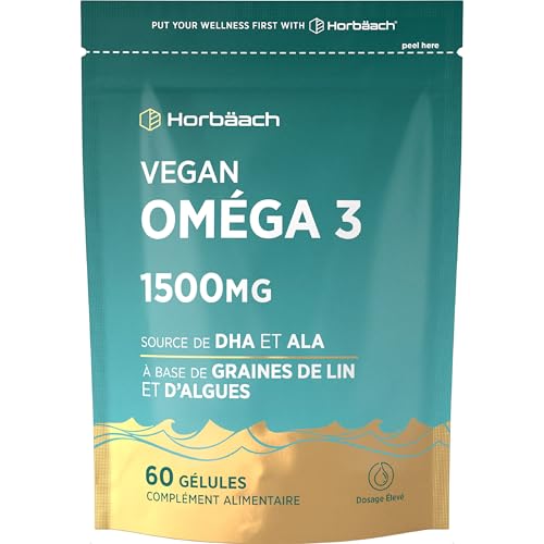 Omega 3 Vegan DHA ALA 1500mg | Huile d'Algues | Haute Concentration | 60 Gélules Vegan | Horbaach