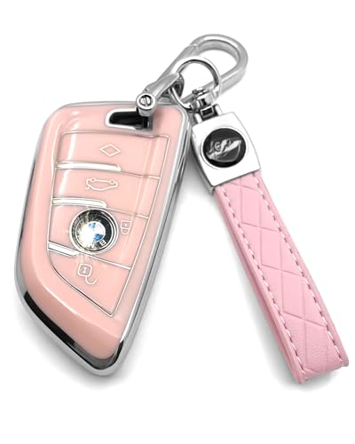 HAOYOUMEI Suitable For Bmw Key.Advanced soft TPU key case is compatible with X1 X3 X4 X5 X6 X7 M5 M6 1 3 4 5 6 7 GT3 GT5 GT6 key 360 Degree full protection key (Type B Pink Key Cover + key chain set)