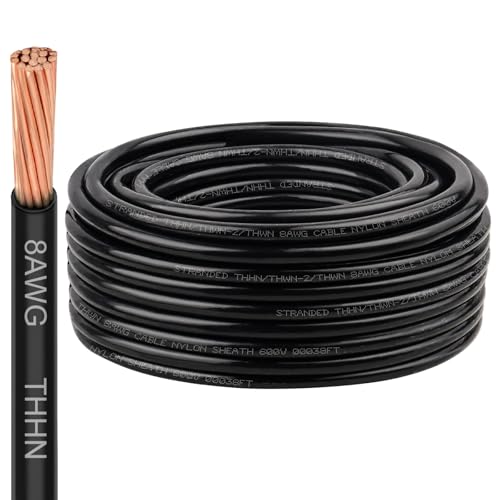 Image of XRDS-RF THHN Wire 100FT, 8AWG Stranded Copper THHN Electrical Wire, Black Nylon-Coated Thermoplastic Insulated Cable for Indoor Conduit Wiring, 600V Rated