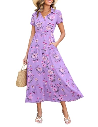 Image of Kranda Women 2026 Summer Collared V Neck Short Sleeve Button Down Chiffon Long Tiered Floral Maxi Dress with Pockets