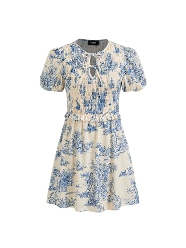 CIDER Women's Floral Mini Puff Short Sleeve Dress Toile Print A Line Smocked Dresses