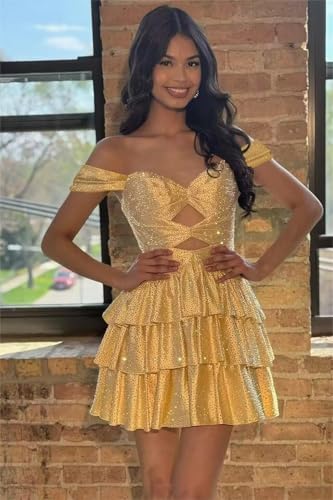 Sparkly Sequin Homecoming Dresses for Teens Tiered Ruffle Short Prom Dress Cut Out Off Shoulder A Line Cocktail Gown3
