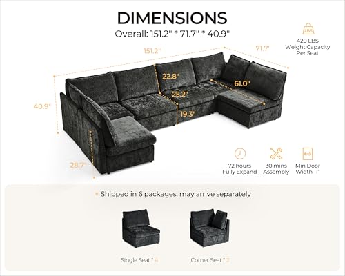 Image of Oversized Modular Sectional Sofa, Comfy Cloud Couch with Reversible Chaises Extra Deep U-Shaped Sleeper Sofa Bed for Living Room, Covers Washable, 6-Seater with 2 Corners, Chenille, Black