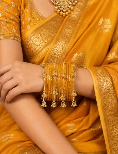 Image of JPS 16 Pcs Trendy Stylish Glass & Kashmiri Ghungroo Bangles Set for Women & Girls | Gold-Plated Traditional Festive Wedding Party Jewellery Chudi Set (12 Glass + 4 Metal)