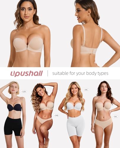 Image of Upushall Strapless Bra Push Up Non Slip Deep V Plunge Underwire Bras for Women Super Padded Add 1 Cup