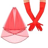 Semato Red Satin Gloves and Red Veils for Women Bride Wedding Halloween Costume Party Accessories
