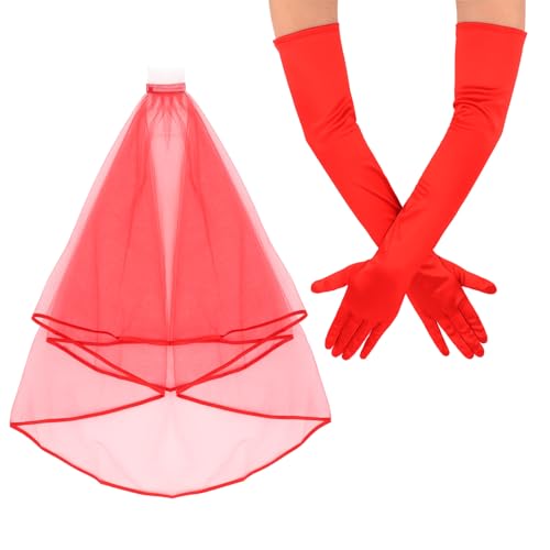 Semato Red Gloves and Red Veils for Women Bride Wedding Halloween Costume Party Accessories
