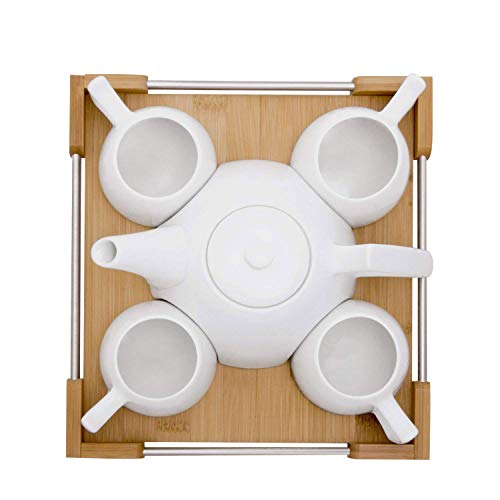 ZOUQILAI Einfaches Keramiktassen-Set Kreativ mit Teeset Nachmittagstee Kaffeetasse Set inkl. weißer Teekanne 4 Tassen, Bambus-Serviertablett