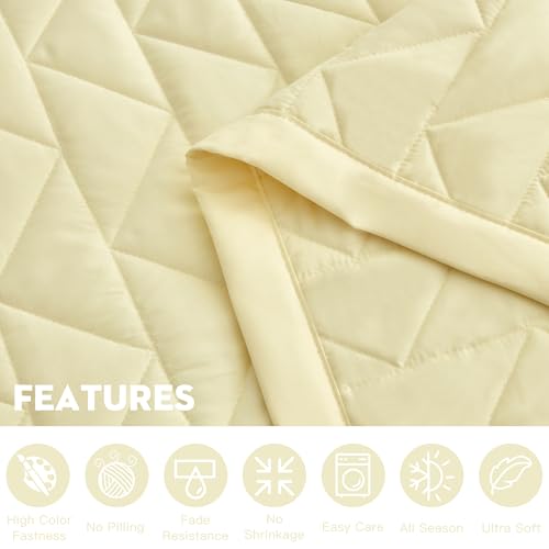 Image of Oversized Queen Bedspread, Geometric Diamond Stitched Quilt Set Queen, Lightweight Reversible Coverlet, Straight Edge - Soft Modern Look, 5 Piece, Ivory Yellow