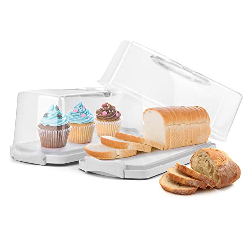 HOYA PONYOO 2-Pack Plastic Rectangular Bread Box with Clear Lid Loaf Cake Keeper Portable Bread Keeper Storage Container with Handle (White)