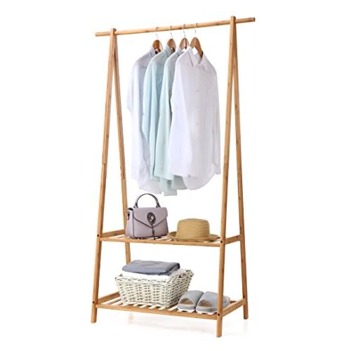 Finnhomy Bamboo Clothes Rack Portable Extra Large Garment Rack 2-Tire Storage Box Shelves For Entryway and Bed Room Patented Design