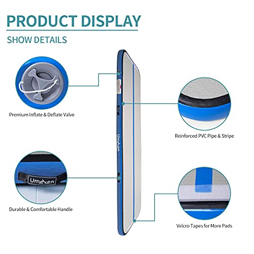 UMEKEN Inflatable Gymnastics Mat Air Track Tumbling Mat 10 ft Airtrack Tumble Gymnastic Exercise Training Mat for Home/Practice/Cheerleading/Yoga/Beach/Water/Park with Pump, Blue
