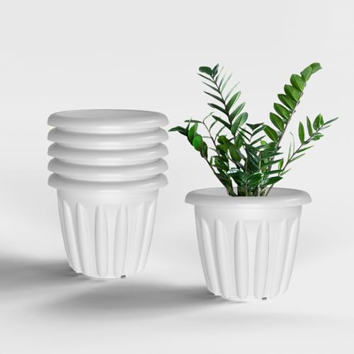 Image of YUCCABE ITALIA SHERA Floot 10 Inch Plastic Flower Pot 6 Piece Set of Round Shape Planter for Home Garden Seedling Planter for pots (White)