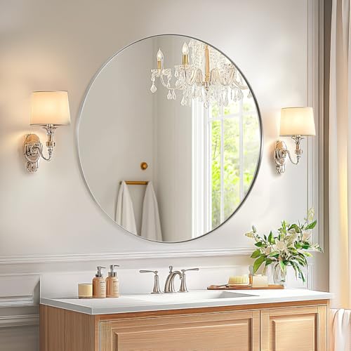 Image of ANDY STAR Round Bathroom Mirror, 24'' Brushed Silver Round Bathroom Mirrors in Stainless Steel Metal Frame 1 inch Deep Set Design