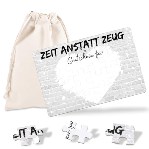 24-teilig Gutschein Puzzle mit Baumwoll-Säckchen, Zeit anstatt Zeug, Gutschein zum selber ausfüllen - Geburtstagskarte, personalisierte Geschenke für Freundin Frauen Männer, Geburtstagsgeschenk