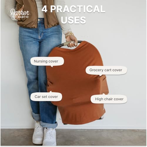 Image of Parker Baby 4 in 1 Car Seat Cover for Girls and Boys - Stretchy Carseat Canopy, Nursing Cover, Grocery Cart Cover, High Chair Cover - inchClay inch