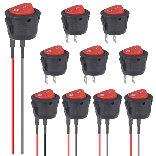 VEXUNGA Round Rocker Switch 12V ON Off Switches Small Mini 12Volt Toggle Switch 2Pin AC 6A 250V 10A 125V 12VDC KCD1 Red for Car Automotive Boat (5Pcs with Leads 5Pcs Without Wires)