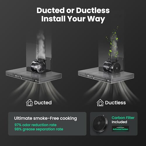 Image of 36 Inch Wall Mount Range Hood 1200CFM, Stainless Steel Convertible Ductless /Ducted Stove Vent Hood, Low Noise Kitchen Vent Hoods with Duct Cover, 2 Lights 3 Baffle Filters, Touch & Knob Control