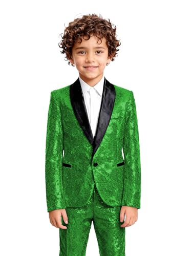 CUCUSISI Green Boys Sequins 2 Piece Suit Boy Fashion Suits Sequin Pageant Formal Tuxedo Prom Party Dance Performance Size 4
