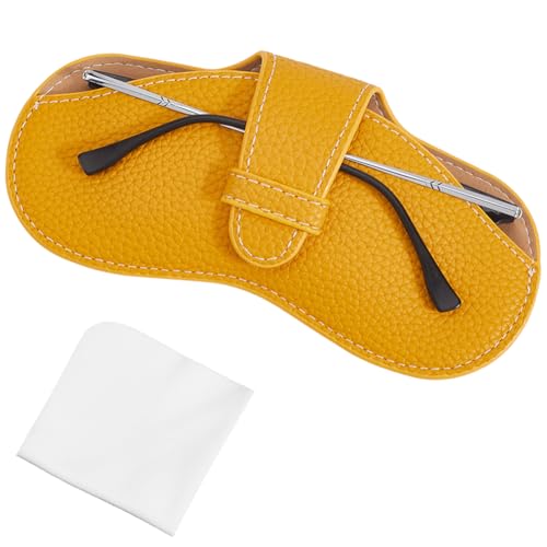 CREATCABIN Estojo fino de couro portátil para óculos de sol, bolsa leve para viagem, porta-óculos, capa com pano de limpeza macio para mulheres, homens, férias, 17 x 8 cm, Goldenrod
