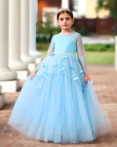 Long Sleeve Flower Girl Dress 3D Butterflies First Communion Dresses Lace Applique Ball Gown Pageant Dress2