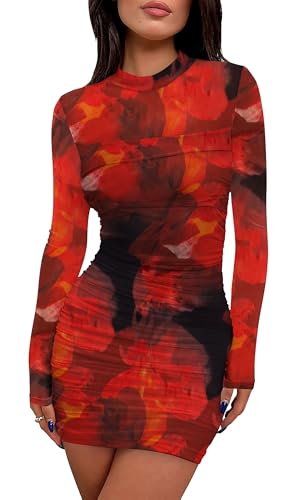 Womens Y2K Floral Print Mesh Sheer Long Sleeve Mini Dress Ruched Bodycon Sexy Mock Neck Party Club Dresses Date Night Valentine’s Day Birthday Dinner Girls Dresses Fall 2025 Red S