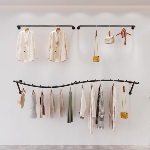 Topjia Industrial Clothing Rack for Boutiques,Wall Mounted Retail Display Garment Rack for Houseware,Multi-Purpose Clothes Organizer Hanging Rod,Easy to Assembly(78.8in set of 3, Black)