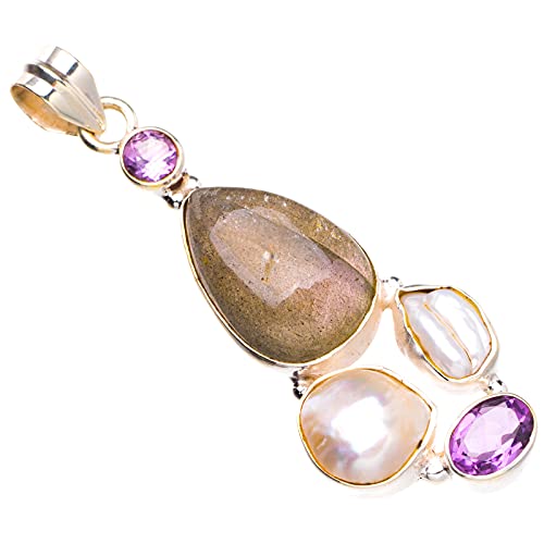Pendentif labradorite de feu bleu perle de Biwa améthyste argent 925 D2514