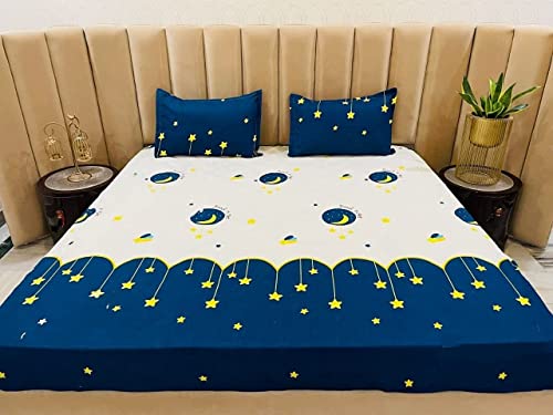 Image of Cotton King /Double Size Bed Bedsheet | All Around Elastic 200 TC Bedsheet With 2 Pillow Cover | Printed Bedsheet, 72 inchX78 inch Upto 6 Inches (Blue And White)