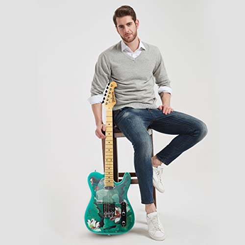 39 Inch Full Electric Guitar Beginner Start Fashion Painted Version Profession Kit For Adult Adler Wood Body Tele Bridge C-Shape Neck With Bag, Strap, String, Tuner, Cable And Picks, Black (Green) #TOP6