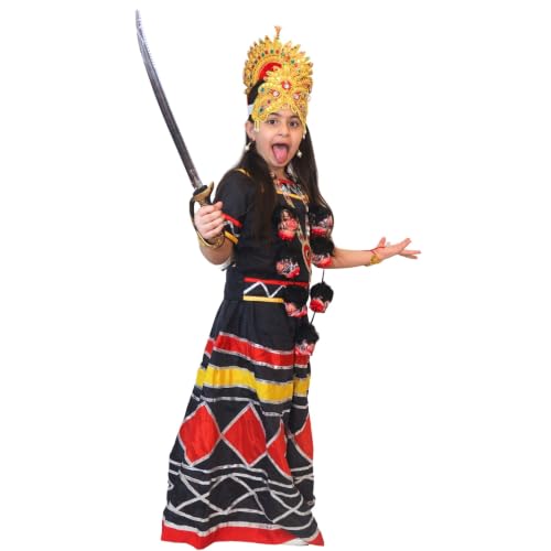 Image of Kaku Fancy Dresses Kali Mata Fancy Dress Costume for Girls | Maa Kali Devi Traditional Costume Set with Double Mukut, Mund Mala, Talwar, Earrings & Bajuband | Navratri, Durga Puja, Function- 7 To 8 Y