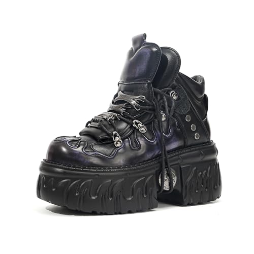 Songella Chaussures Gothiques Punk Métalliques à Plateforme, Bottines Rock à Lacets pour Femme Design Flamme Détails Cloutés Noir Violet, 38 EU